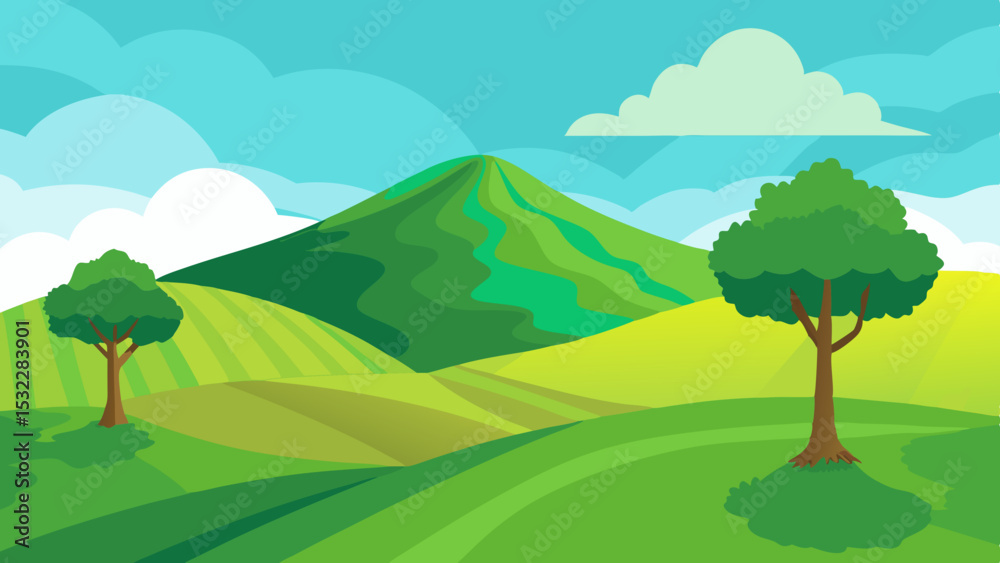 Fototapeta premium Green Rolling Hills Landscape with Farmhouse and Trees