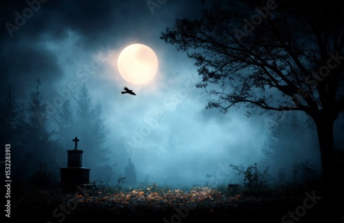 Spooky Cemetery at Night with Full Moon