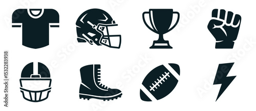 American Football Icons Set Equipment, Victory, and Power