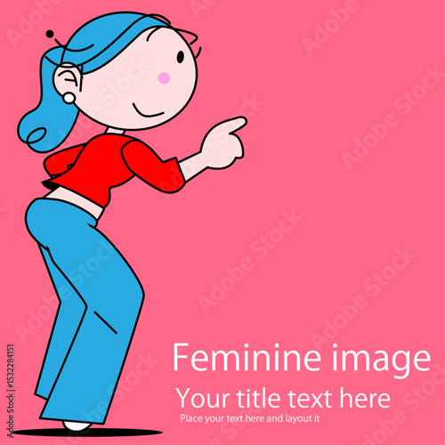 愛い女性のちびキャラが指差しのポーズ