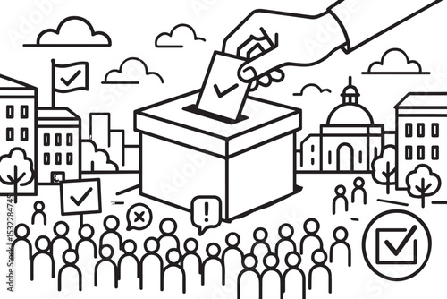 voting in elections with a ballot box, citizens voting and signs for democracy