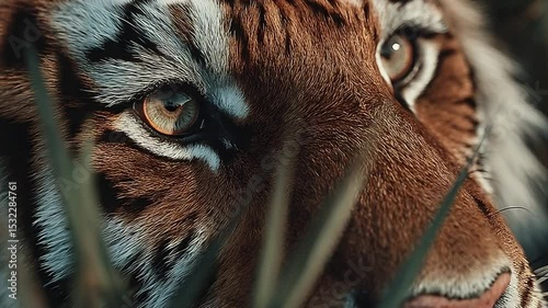 Magnificent Tiger Close-Up: Intense Gaze Amidst Lush Foliage in a Jungle Setting