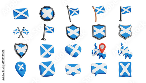 Scotland Flag 3D Icons – Scottish National Flag in Map, Pin, Heart, and Shield Styles