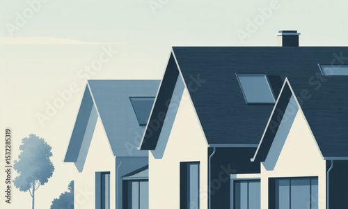 Stylized illustration of several modern houses with angled roofs, chimneys, and windows.