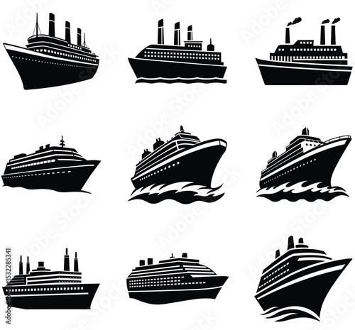 Cruise Ship Silhouette Vector Set – Luxury Ocean Liners, Travel Icons, Marine Tourism, and Nautical Voyage Design Elements Collection

