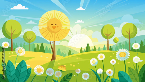 Sunny Landscape with Green Trees and Flowers in Spring Season

