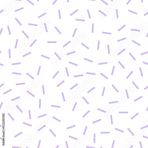 Straight line sprinkles background. Memphis style dash seamless vector pattern. Abstract fabric design. White and light violet.