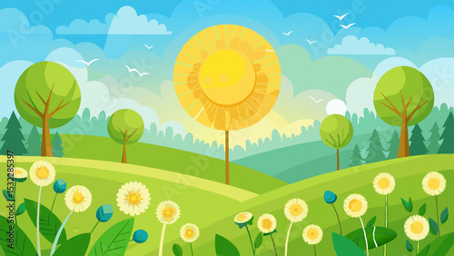 Sunny Landscape with Green Trees and Flowers in Spring Season

