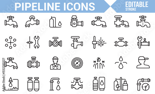 Plumbing and Pipeline Icons for Engineering, Water, and Gas Systems