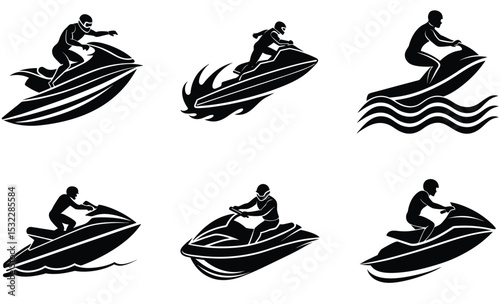 Jet Ski Action Silhouette Vector Set – Extreme Water Sports, Racing, Jumping, and Tricks Bundle for Summer Adventure Themes

