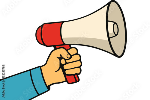 hand holding a red megaphone, loudspeaker for communication and public speech