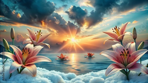Lily Flowers Floating on Water at Sunset