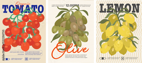 Organic Fruit Posters - Tomato, Olive, and Lemon Designs. Perfect for stock design websites, these bold