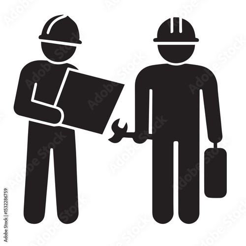 Construction Workers with Blueprint and Tools Icon – Collaboration and Jobsite Planning