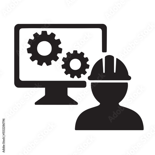 Engineer with Gear Icons on Monitor – Construction Technology and System Operations Concept