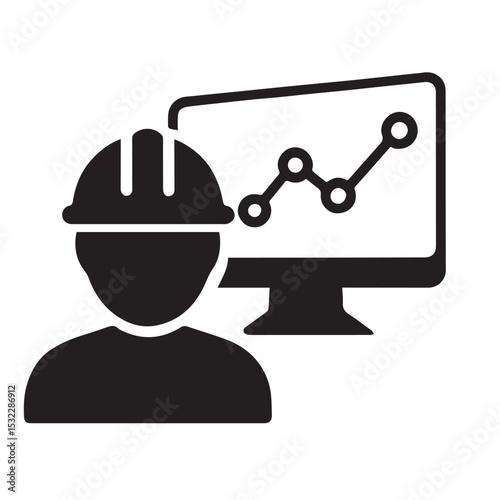 Construction Worker with Data Graph Monitor Icon – Analytics and Performance Tracking Concept