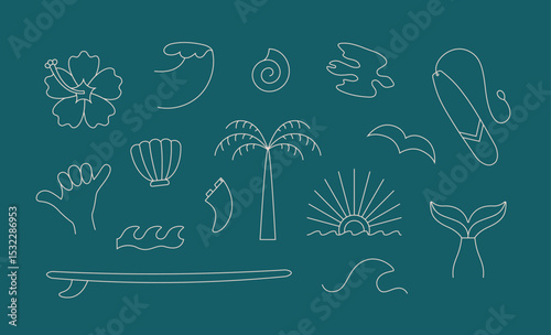 Line tropical lifestyle bohemian icons. Minimalist hand drawn vector elements about sea, beach, spa, resort, surf camp