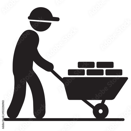 Construction Worker Icon with Wheelbarrow and Bricks – Building Site Labor Silhouette