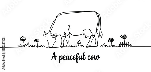 Single Line Drawing of a Peaceful Cow Grazing in a Field