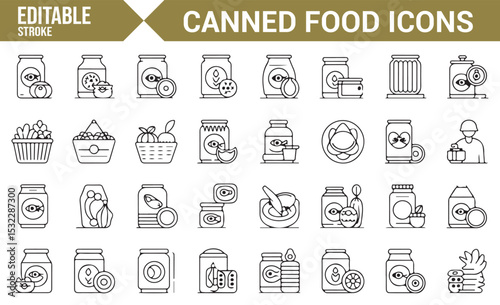 Set of Editable Canned Food Icons | Various Cans, Bottles, and Storage Symbols