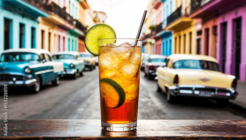 A refreshing iced lime cocktail with lime in the spotlight, classic cars and colorful colonial buildings on a Havana-style street. Tropical, retro, summer atmosphere