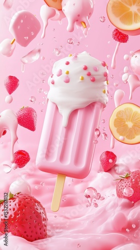Pink fruit ice cream popsicle with yogurt and berries splash