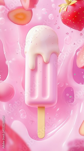 Pink fruit ice cream popsicle with yogurt and berries splash