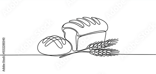 Single Line Drawing of Bread Loaf Bun and Wheat