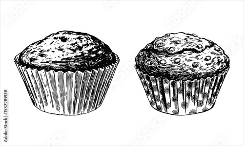 Two muffins isolated on white background in a vintage drawing style