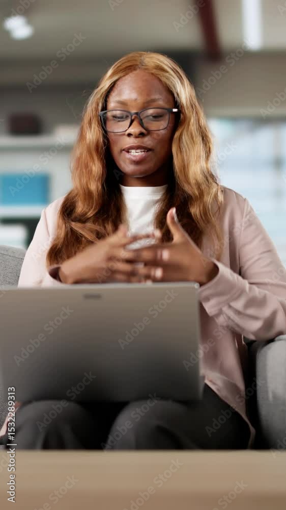Woman Attends Learning Webinar Conference On Laptop. Video Meeting