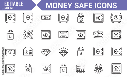 Editable Icon Set for Money Safe and Security | Lock, Vault, and Protection Symbols

