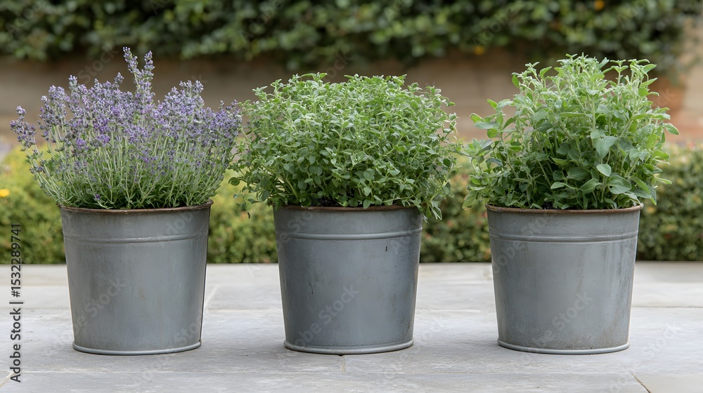 Fototapeta premium Three Herb Plants in Rustic Metal Pots Outdoor Garden
