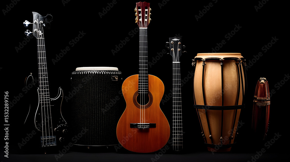 Fototapeta premium A collection of string and percussion instruments, including a bass guitar, acoustic guitar, cajon, conga, and shaker, displayed against a black background.