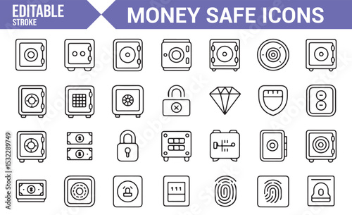 Money Safe and Security Icons | Editable Safe, Lock, and Protection Symbols