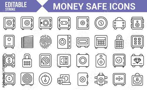 Set of Editable Security Icons | Money Safe, Lock, and Vault Symbols