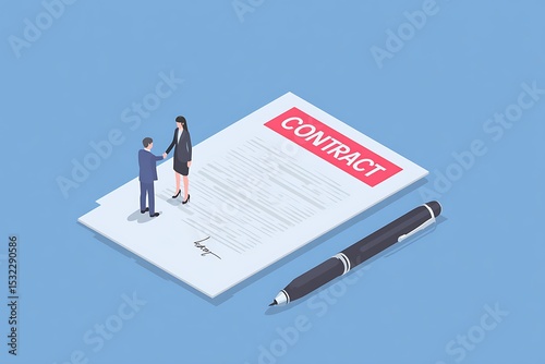 Two business people shake hands over “CONTRACT” document, isometric vector, blue background