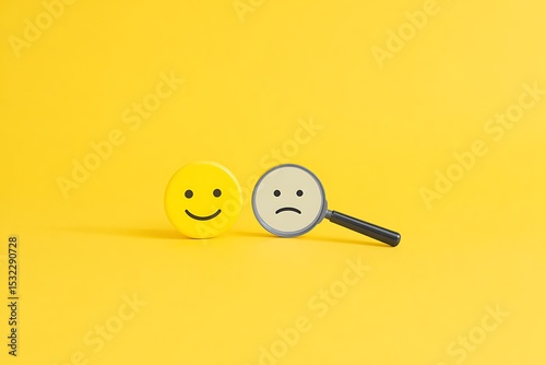 Smile and frown on yellow background, emotion concept, magnifying glass, loneliness, CX