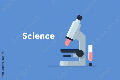 Minimalist science logo: microscope, test tube and “Science” text on blue background