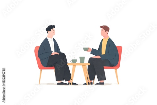 Two men in suits talking, one pointing at a coffee cup. Flat vector, white background