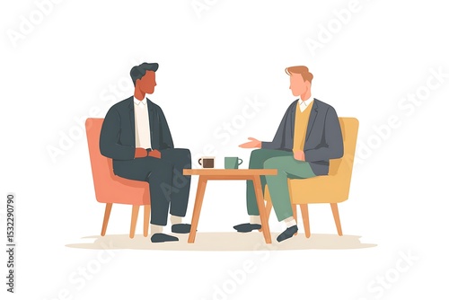 Two men in suits talking, one pointing at a coffee cup. Flat vector, white background