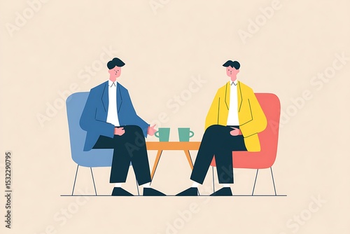 Two men in suits talking, one pointing at a coffee cup. Flat vector, white background