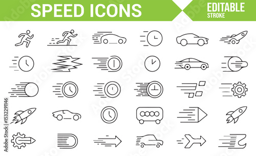 Set of Speed and Motion Icons Representing Fast Actions