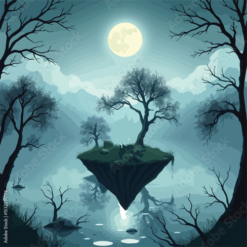Night Scene with Floating Islands and gray colour Trees and reflection of island and tree on lake water on moon light