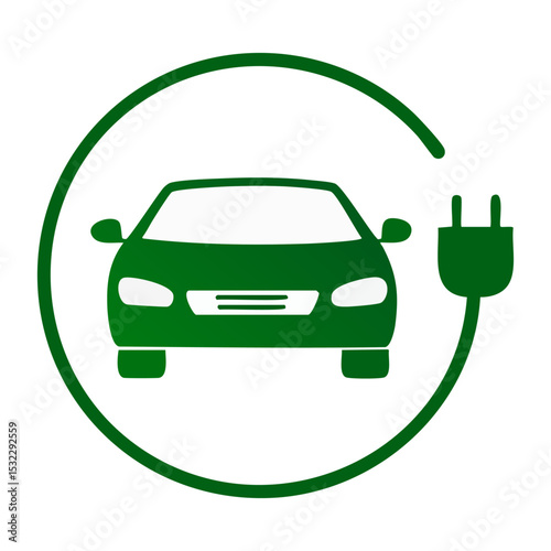 Electric car with E plug green icon symbol, Hybrid vehicles charging point logotype