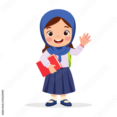 Smiling girl greeting someone by waving hand. Happy schoolgirl holding books and notebooks. Redhead kid gesturing and saying hi or bye. Colored flat vector illustration isolated on white background
