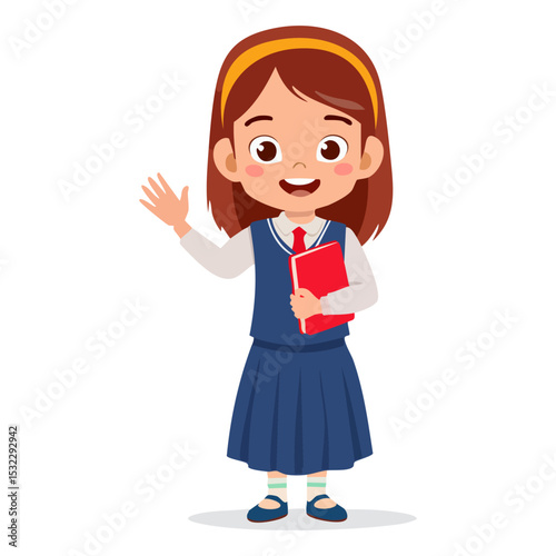Smiling girl greeting someone by waving hand. Happy schoolgirl holding books and notebooks. Redhead kid gesturing and saying hi or bye. Colored flat vector illustration isolated on white background