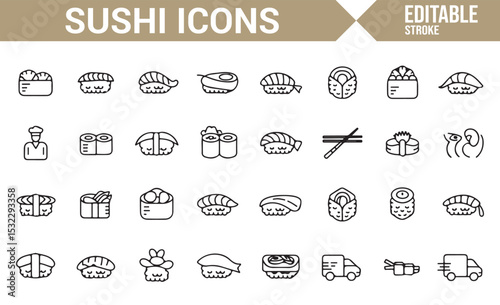 Simple Line Icons of Sushi Rolls, Sashimi, and Chopsticks