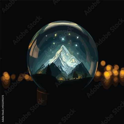 mountain view within glass ball on black background