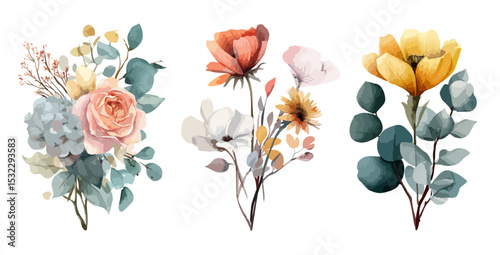 floral illustration set watercolor floral. Use by fabric, fashion, wedding invitation, template greenery leaf plant forest herbs tropical leaves. 