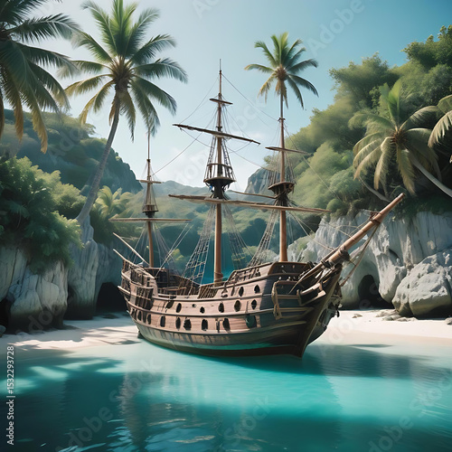 Nineteenth-century pirate ship anchored in a hidden cove, tropical island backdrop, palm trees, clear turquoise water, sunny day. photo
